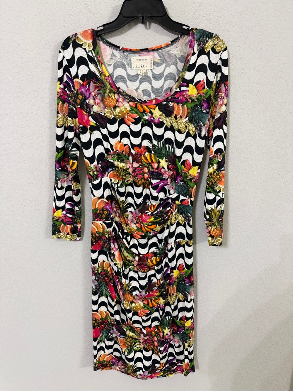 Artelier Nicole Miller Geo Wave Tropical Fruits and Flowers Print Dress